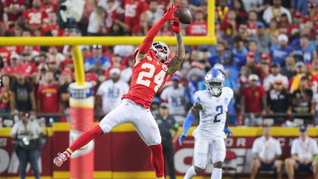 Chiefs wide receiver Skyy Moore tries to make a catch against Lions safety C.J. Gardner-Johnson during the second half of the Lions' 21-20 win on Thursday, Sept. 7, 2023, in Kansas City, Missouri.  